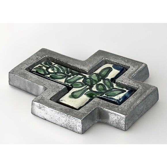 Cruz de Talavera Tile In Pewter Wall Cross - VTG ANN KARY Collectible- Mexico 4” - Picture 3 of 6